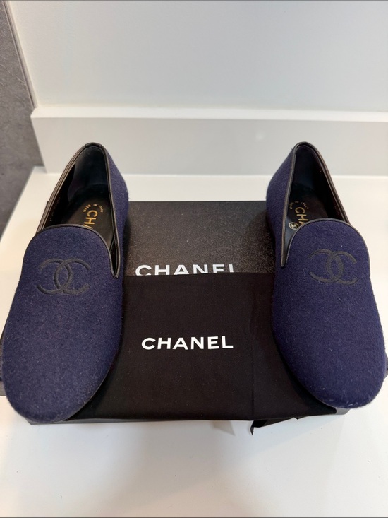 CHANEL Shoes - CHANEL Navy Wool CC Logo Slip-On Flats